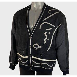 Vintage Torras Leather Suede Jacket sz 42 Abstract Art Bomber Cardigan Black 80s